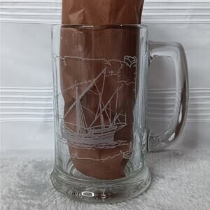 Long John Silver's Columbus Nautical Mug w/ Handle Etched‎ Glass Beer Stein Nina